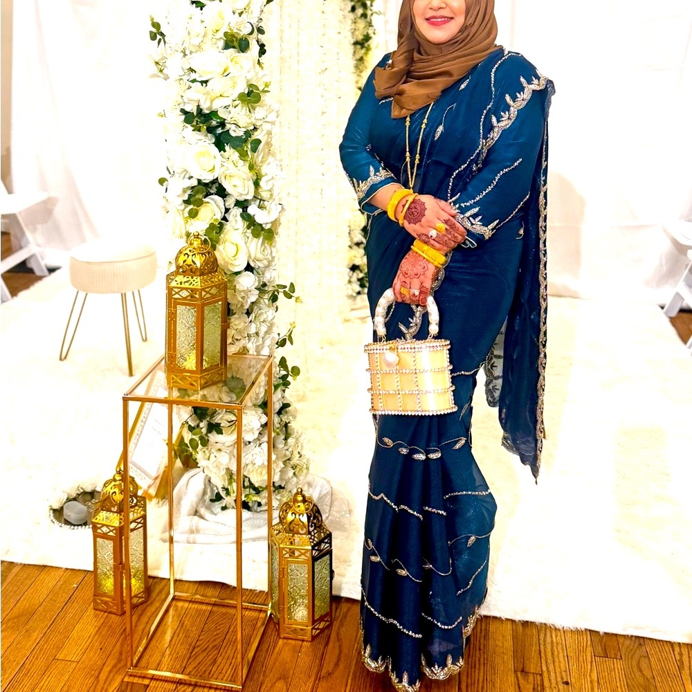 Indian party sari ,Teal color sari Silver and Gold embellishment blouse included